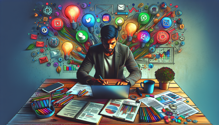 Determined small business owner in a cozy home office, brainstorming on a laptop surrounded by notebooks, coffee, social media icons, and a step-by-step whiteboard plan.