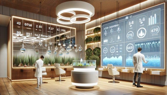 In a modern salon, stylists analyse digital dashboards showing real-time water usage graphs, surrounded by eco-friendly fixtures and plants.