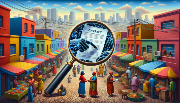 A buyer in Soweto examines a contract under a magnifying glass, revealing hidden fee symbols amid colourful houses and bustling markets.