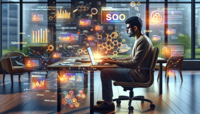 Entrepreneur in Ilchester office analyses SEO metrics on laptop, showing graphs of organic traffic, conversion rates, and keyword rankings from Google Analytics.