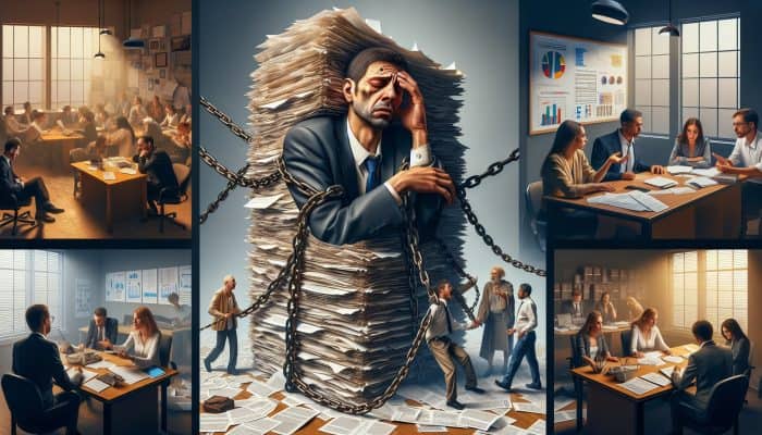 Free UK Debt Help vs Paid Debt Solutions: Which is Better? | DCL Person overwhelmed by debt documents and chains, while a charity worker juggles clients in a crowded room, and a professional advisor offers guidance in a serene office.