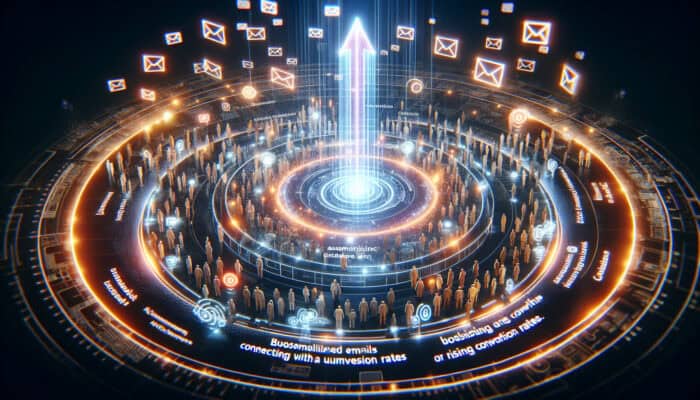 A futuristic digital core glows with automated emails, as marketers strategise at holographic desks, boosting rising growth and conversion charts.