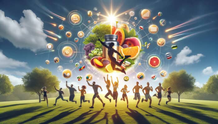 Diverse group of energetic individuals smiling in a sunny park, featuring bold headlines like "Boost Energy Naturally," testimonials, and a prominent "Buy Now" button.