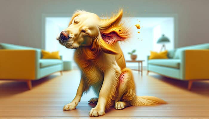 Ear Infection Treatments For Pets: A golden retriever dog exhibiting symptoms of an ear infection: scratching its ear, shaking its head, and showing yellow discharge in a bright home.