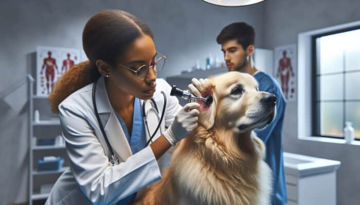 Veterinarian examining a golden retriever's infected ear with an otoscope; visible redness and swelling, dog tilts head, owner appears concerned.