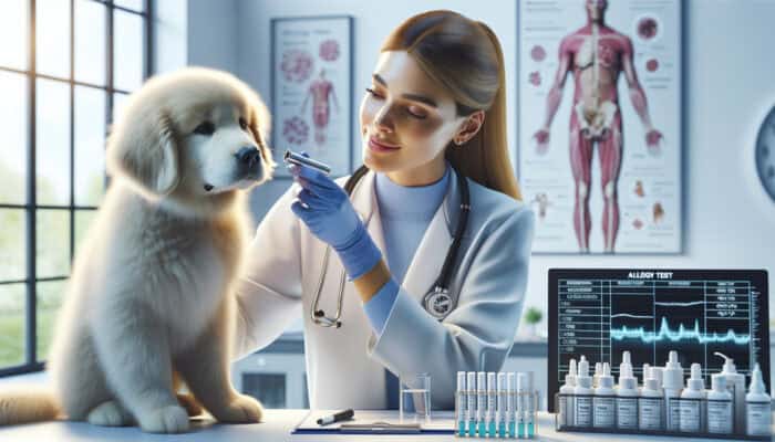 A veterinarian examines a fluffy dog's ear with an otoscope in a clinic, with swabs, cytology slide, and allergy test kits visible nearby.