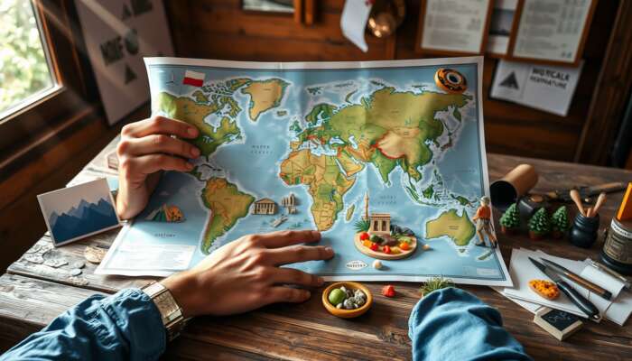 A traveler examines a world map on a rustic table, surrounded by symbols of nature, history, gastronomy, and adventure in sunlight.