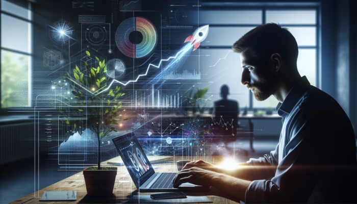 Entrepreneur in Barnstaple office analysing laptop dashboards showcasing user behaviour graphs, conversion rates, and growing e-commerce trends.