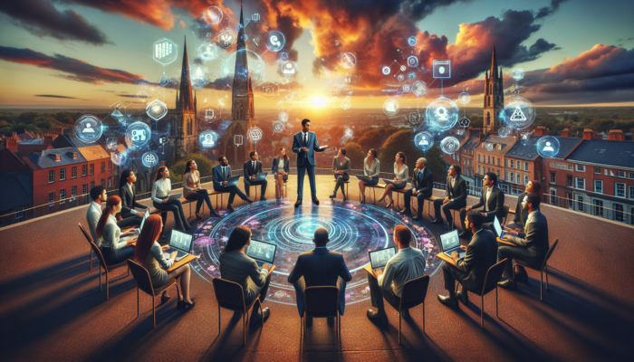 A diverse team of experts discussing social media strategies on laptops against the picturesque backdrop of Shaftesbury's Gold Hill at sunset, surrounded by digital icons.