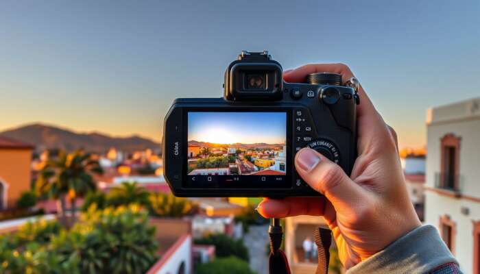 A beginner photographer in San Miguel de Allende frames a vibrant landscape with a DSLR, using rule of thirds during golden hour sunlight.