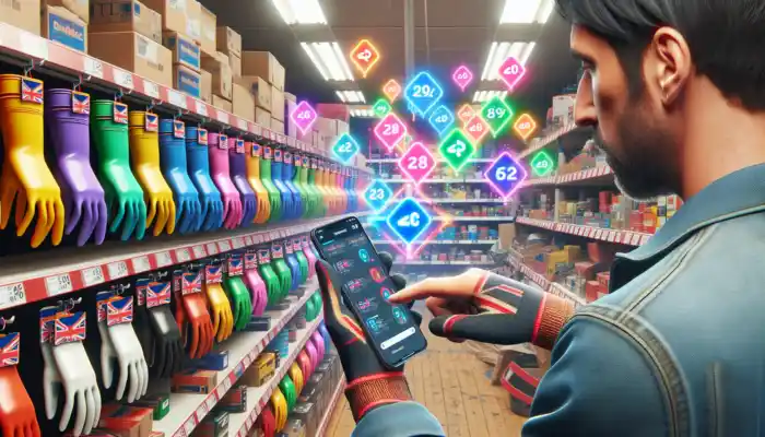 Shopper in a bustling British hardware store examines colorful latex gauntlet gloves on shelves while using a smartphone for PriceRunner price comparisons and holographic discount tags.