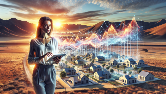 Real estate analyst in Postmasburg examines rental properties in arid desert with modern homes, holding tablet of graphs under golden sunset.