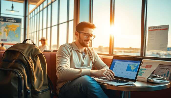 A savvy traveller in a cozy airport café, checking Google Flights on a laptop, surrounded by maps, tickets, calendar, and a packed backpack under a sunny window.
