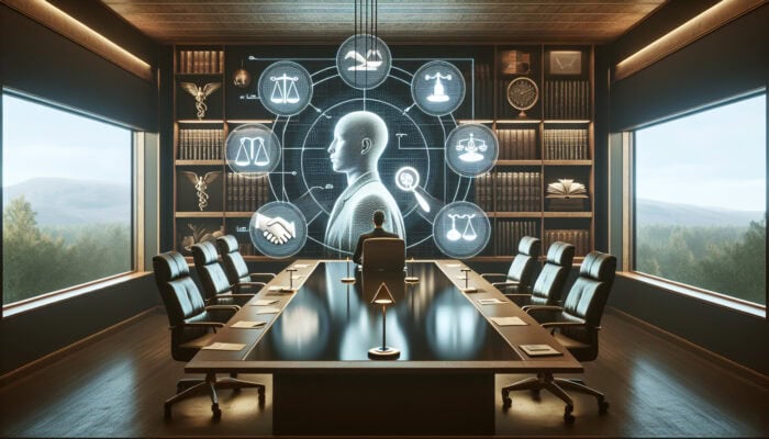 A diverse leader delegates tasks to virtual assistants in a professional meeting room, surrounded by symbols of fairness, transparency, and trust.
