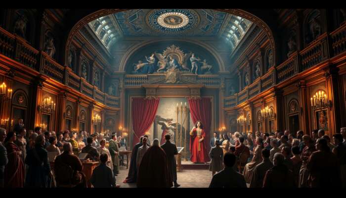 A vibrant 16th-century Italian scene of opera's origins: composers like Monteverdi in a grand hall with costumed mythological performers and aristocratic patrons.