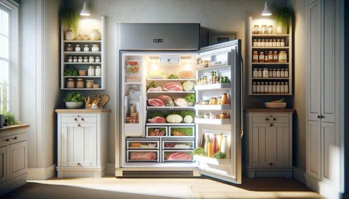 Well-organized kitchen: open fridge with fresh meats, dairy, and labelled vegetables; tidy pantry with dry goods; soft natural light.