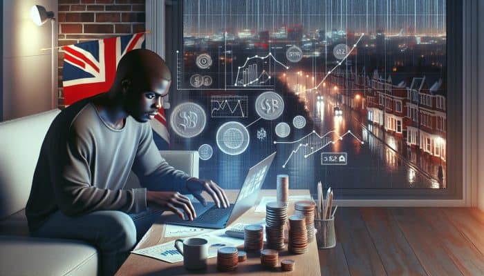 UK resident reviews budget charts on laptop with YNAB app, surrounded by coins, graphs, Union Jack, and rainy London lights.