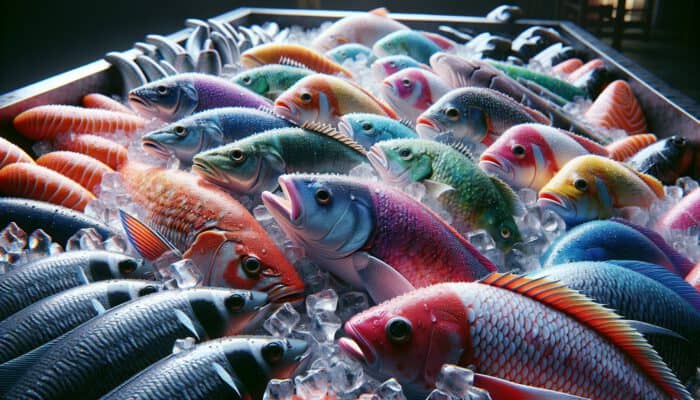 Simple Ways To Cook Fish For Newbies: A vibrant fish market display of fresh salmon, tilapia, cod, and barramundi on ice, with shiny scales, clear eyes, and glistening water droplets.