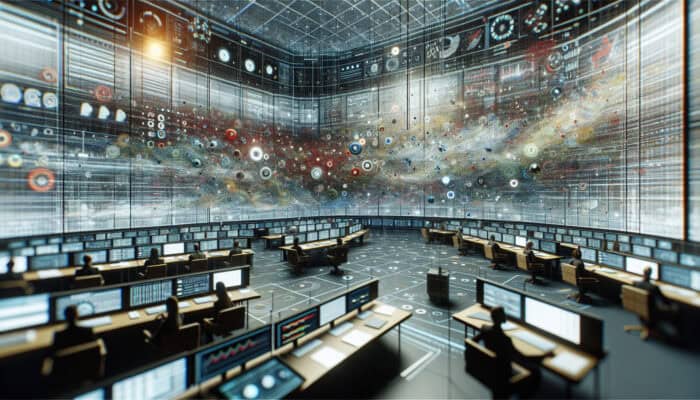 A modern control room with a digital dashboard displaying swirling social media feeds, colourful sentiment graphs, and emerging trends for data analysis.