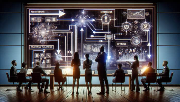 Diverse professionals in a modern boardroom analyze digital screens with platform options, charts, and glowing flowchart arrows.