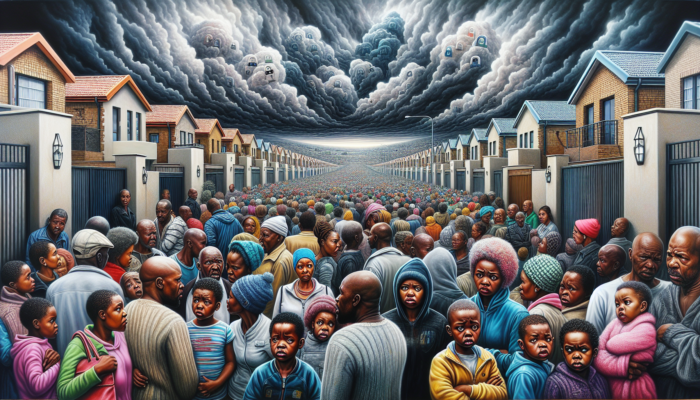 Frustrated families on a bustling Tembisa street gaze at locked homes under a stormy sky with rising interest rate graphs.