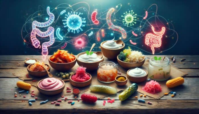 Fermented foods like kimchi, yoghurt, sauerkraut, and kombucha on a wooden table, with glowing probiotic bacteria and a healthy digestive system illustration.