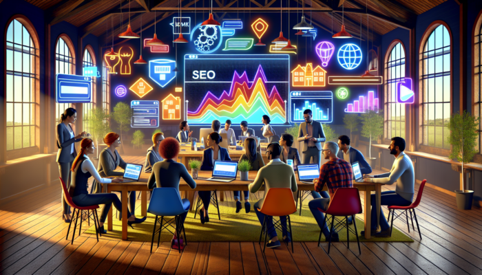 Yeovil workshop: SEO experts and business owners discuss strategies around laptops showing local maps, graphs, and town landmarks.