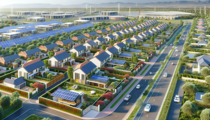 A vibrant suburban street in George, South Africa, showcasing modern mid-level homes, well-kept gardens, solar panels, and ongoing construction of roads and parks.