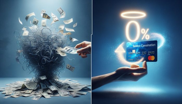 Debt Consolidation or 0% Balance Transfer?: Choose the Best Option | DCL Vivid illustration: Left, tangled debts merging into streamlined cash flow; right, credit cards under zero-interest halo on graph background.