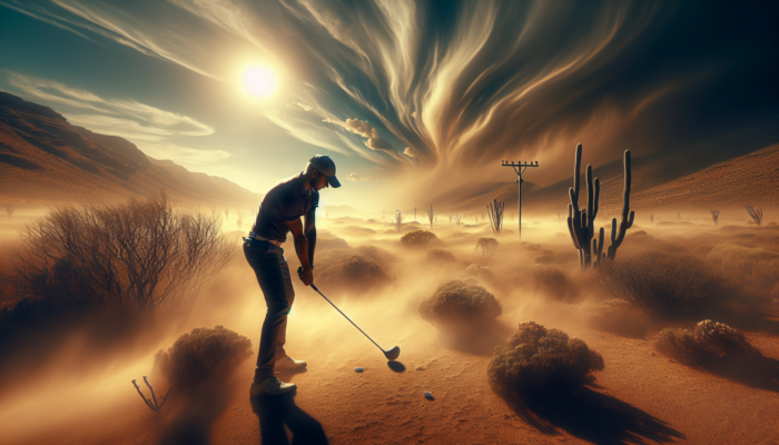 Golfer adjusting driver on tee in sun-drenched Karoo, South Africa, with swirling dust and distant mirages during tournament.