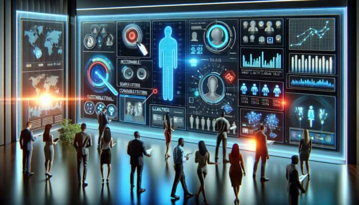 Influencity dashboard showing search filters, analytics graphs, and influencer profiles; marketers in the office viewing holographic social media metrics.