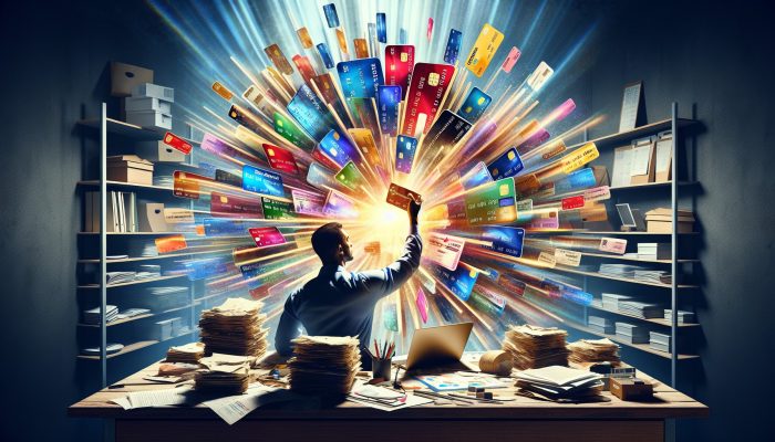 A determined person at a cluttered desk merges colorful debt cards and bills into a glowing ledger, with sunlight evoking hope and empowerment.