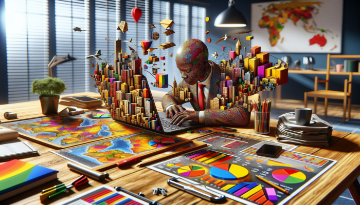 A focused buyer in a modern South African office examines a laptop showcasing Prop Data graphs, maps, and newspapers on the desk.