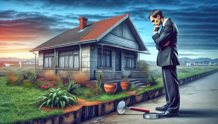 A cautious investor inspects a dilapidated Benoni home with cracked foundations, peeling paint, and overgrown weeds, highlighting repair risks.