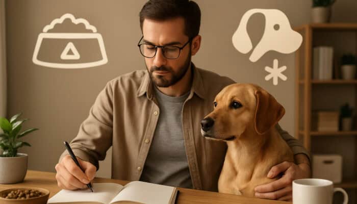 Pet owner reviewing dog food notes at cozy desk, with healthy dog and icons for weight and allergy management.