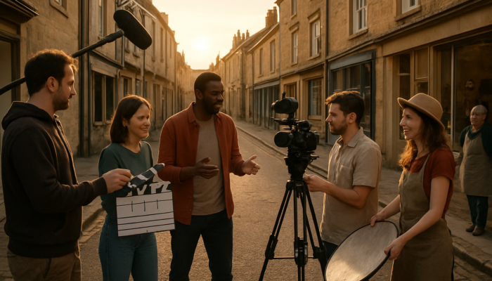 Bustling Corsham street: Small business owners and locals collaborate on budget video shoot amid historic buildings at sunset.