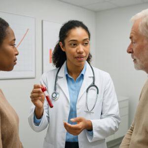 Doctor explaining ferritin blood test to Mansfield residents, holding vial and iron level charts.
