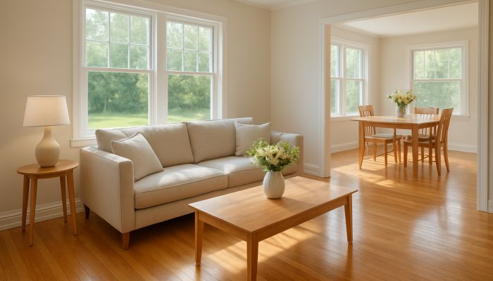 Immaculate Somerton home interior featuring polished wooden floors, organised furniture, and fresh floral arrangements.