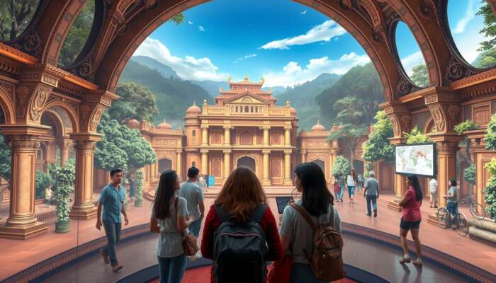 Visitors engaging in immersive theatre with audio guides at a vibrant historical site, surrounded by intricate cultural and natural designs.
