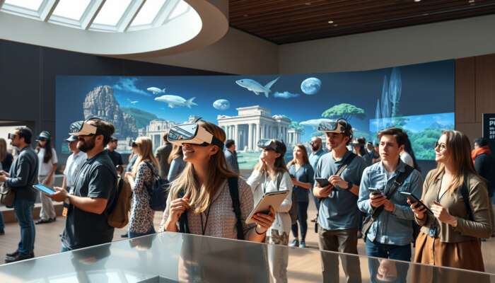 Diverse visitors in a vibrant museum wear VR headsets to explore holographic ancient ruins and use tablets for personalised tours.