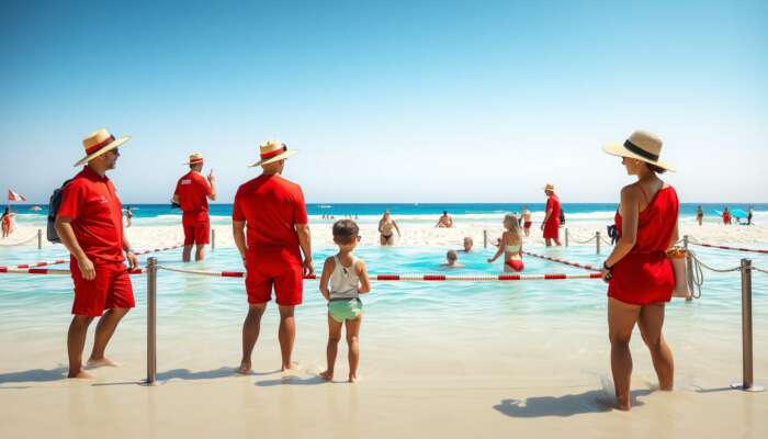 Beach scene with lifeguards in red uniforms supervising swimmers in designated areas, families wearing hats and sunglasses under bright sun.