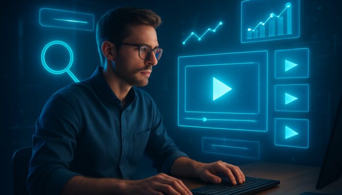 SEO expert analysing video data on glowing screens featuring holographic keywords and trending graphs.