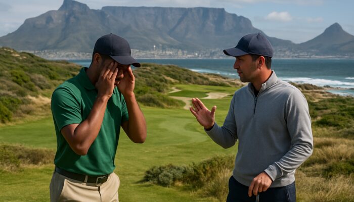 South African golfer practising mental techniques on Cape Town course, with Table Mountain and ocean vistas.
