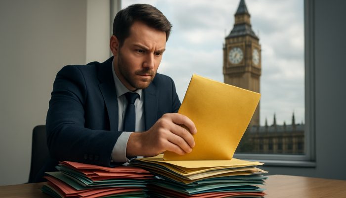 Merging Debts While Rates Are Going Up: Key Strategies for Success | DCL Determined person consolidating colourful debt bills into a golden loan in London office, with Big Ben.