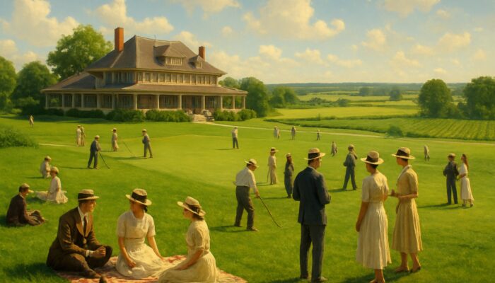 A lively early 20th-century scene at Darnall Country Club: elegantly dressed individuals playing golf and enjoying picnics amidst lush greenery.
