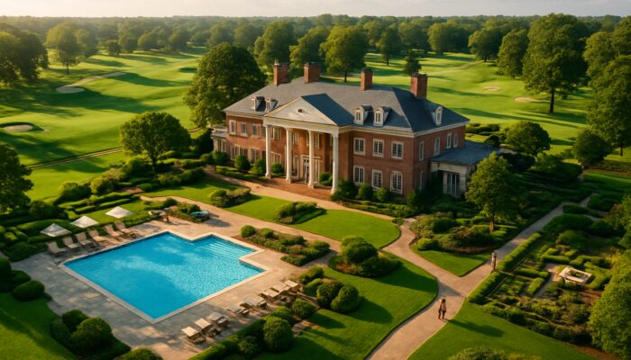 Aerial perspective of Darnall Country Club: Georgian clubhouse, lush greens, sparkling swimming pools, and strolling members.