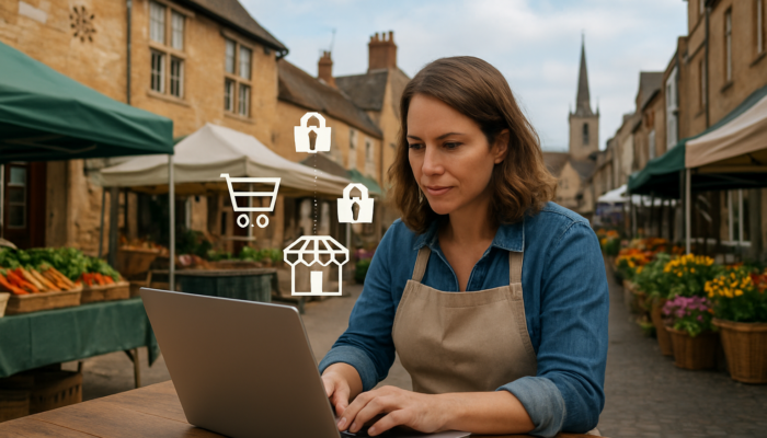 Small business owner in Newent configuring WooCommerce dashboard on a laptop surrounded by market stalls and e-commerce icons.