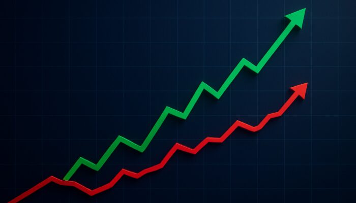 Stock chart illustrating an upward green price line alongside a trailing red stop loss barrier.