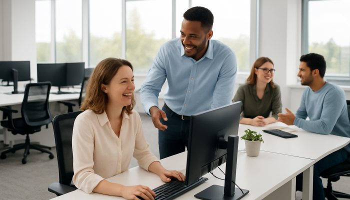 A modern Ilchester office showcasing clean desks, ergonomic workstations, and collaborative employees.