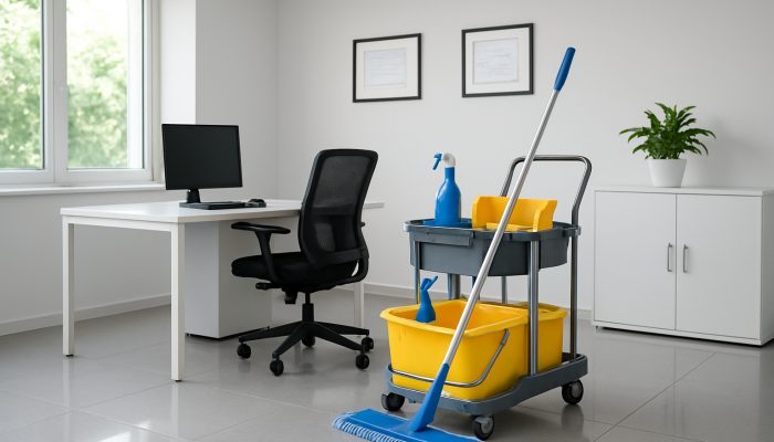 A pristine Ilchester office featuring gleaming surfaces and certificates from the British Institute of Cleaning Science.